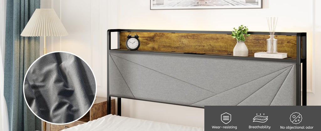 hatisan Full Size Bed Frame with 4 Storage Drawers and 2 USB Ports, Upholstered Platform Bed Frame with Storage Headboard Charging Station and Metal Slat Support, No Box Spring Needed, Dark Grey.
