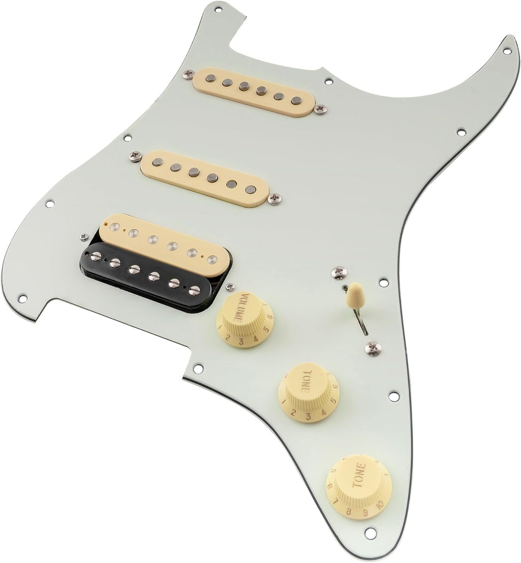 Musiclily Pro Auto-Split HSS Loaded Pickguard ST Prewired Pickguard with Artec Alnico 5 Single Coil Humbucker Pickups for American/Mexico Import Squier Strat Electric Guitar, 3ply Aged White