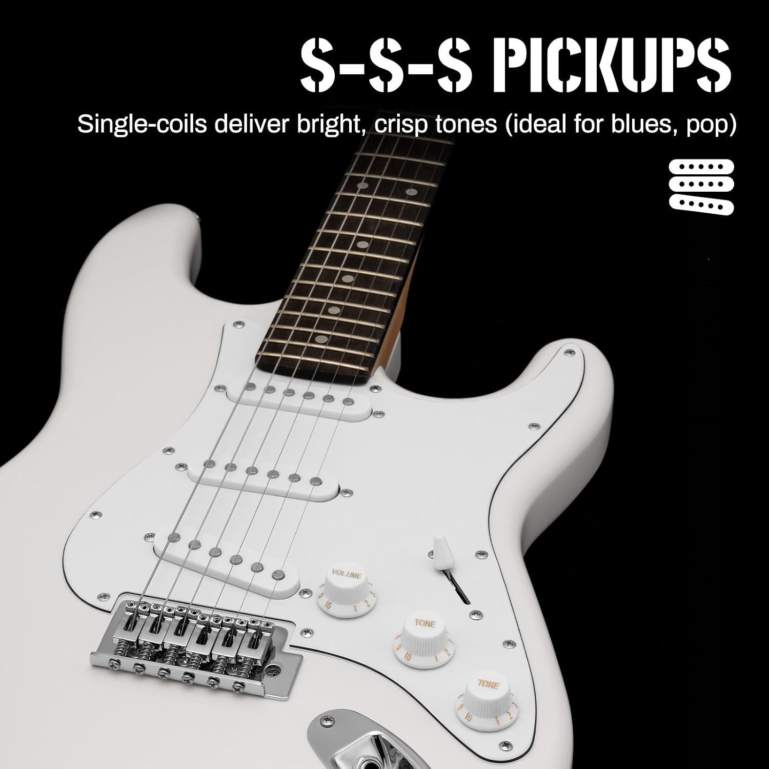 AODSK Electric Guitar with Amp Beginner Kit 39 Inch Solid Body Full Size,All Accessories,Digital Tuner,Six Strings,Four Picks,Tremolo Bar,Strap,Gig Bag,Starter kit (White-SSS)