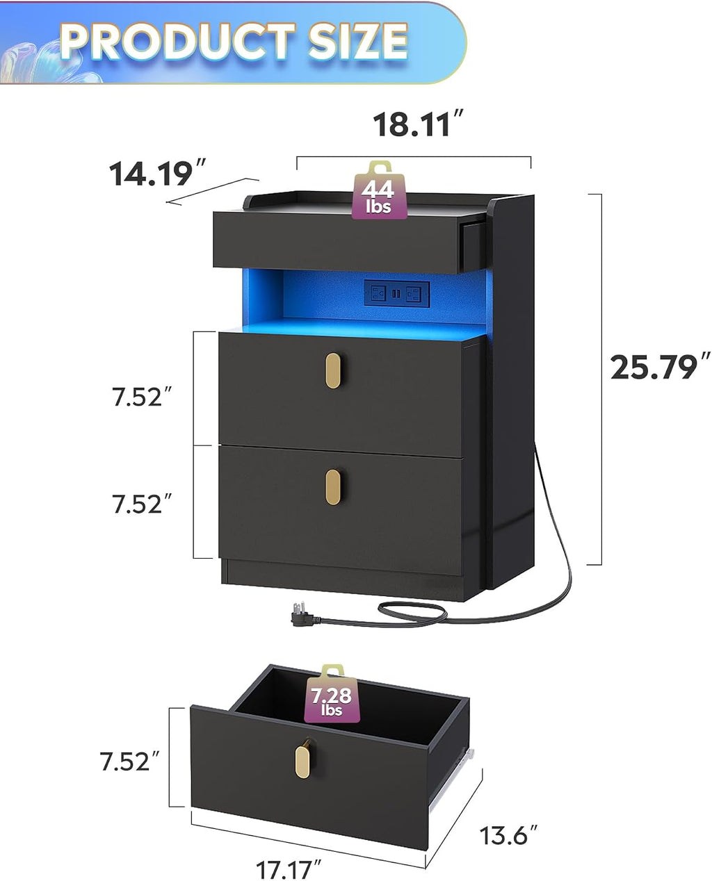 WLIVE Black LED Nighstand Set of 2 with Charging Station, Night Stands Sets with Sliding Top, Bedside Tables with Drawers, End Table for Bedroom, Living Room, Black