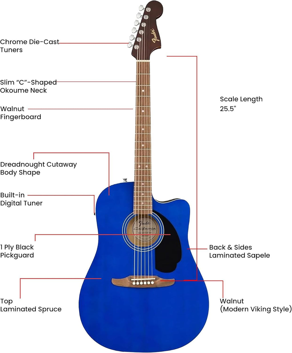 Fender California Redondo CE Acoustic-Electric Guitar - Saphire Blue Bundle with Gig Bag, Strings, Picks, and Austin Bazaar Instructional DVD