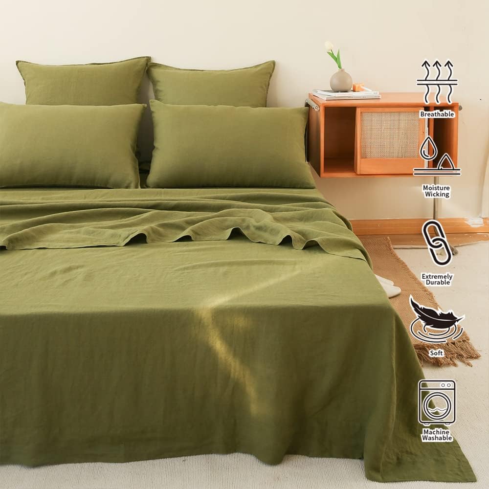Simple&Opulence 100% Linen Sheet Set 3pcs Basic Style, Deep Pocket, Natural French Washed Flax Solid Color Soft Breathable Bed Sheets - Olive Green, Twin