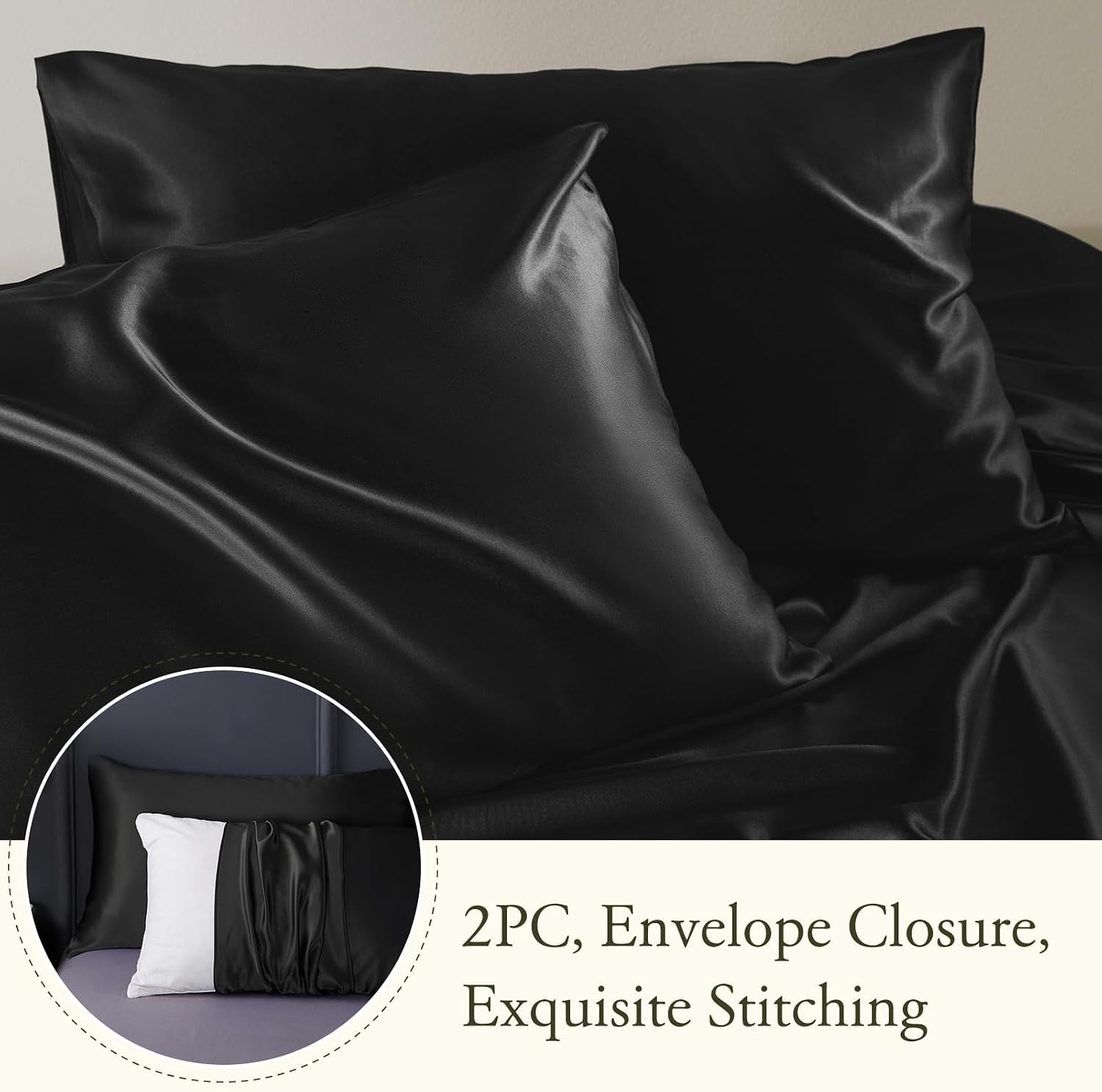 LILYSILK 3Pcs Silk Fitted Sheets Set 100% Mulberry Silk 6A Grade, 2 Silk Pillowcases and 1 Silk Fitted Sheet, 16 Inch Deep Pocket, 19 Momme Silk Bed Sheets Oeko-Certified Black, King Size