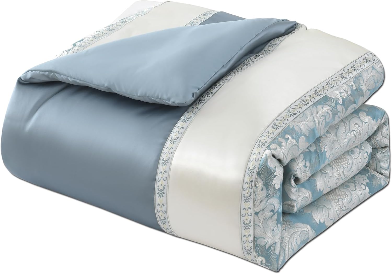 Queen Jacquard Comforter Set Teal Blue Cream - Luxury 7-Piece Bed in a Bag, Damask Patchwork Design, All Season Faux Silk Soft Fluffy Bedding with Bed Skirt, Shams, Pillows, 90'x90'