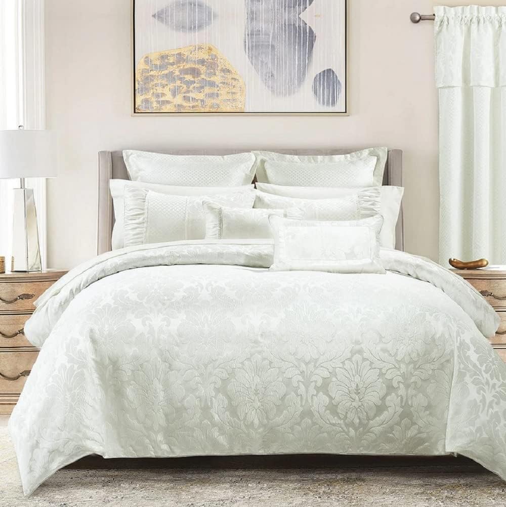 sheetsnthings Jacquard Queen Size Comforter Set- 12PC Bed in a Bag Includes Sara (White) Duvet Cover Set, Down Alternative Comforter, Bed Sheets