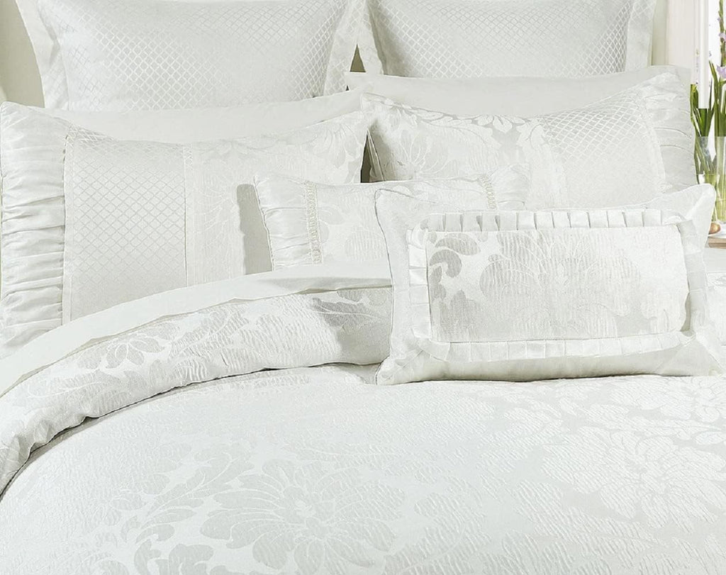 sheetsnthings Jacquard Queen Size Comforter Set- 12PC Bed in a Bag Includes Sara (White) Duvet Cover Set, Down Alternative Comforter, Bed Sheets