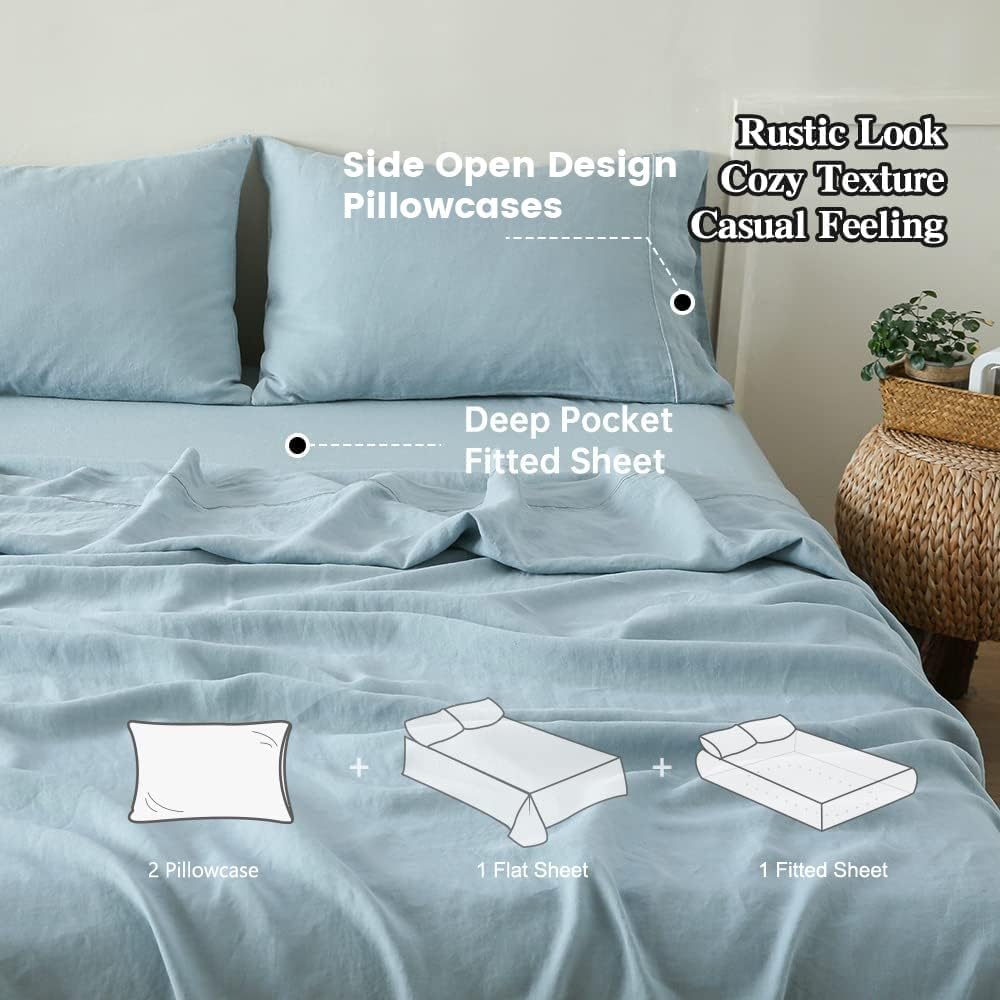 Simple&Opulence 100% Linen Sheet Set with Embroidery Washed - 4 Pieces (1 Flat Sheet & 1 Fitted Sheet & 2 Pillowcases) Natural Flax Soft Bedding Breathable Farmhouse - Dusty Blue, Full Size
