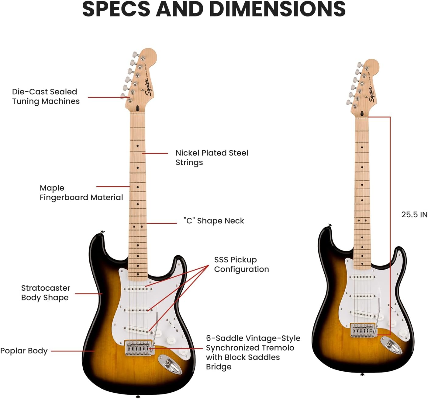 Fender Squier Sonic Stratocaster Pack - 2-Color Sunburst Bundle with Frontman 10G Amplifier, Gig Bag, Tuner, Strap, Instrument Cable, Picks, and Austin Bazaar Instructional DVD