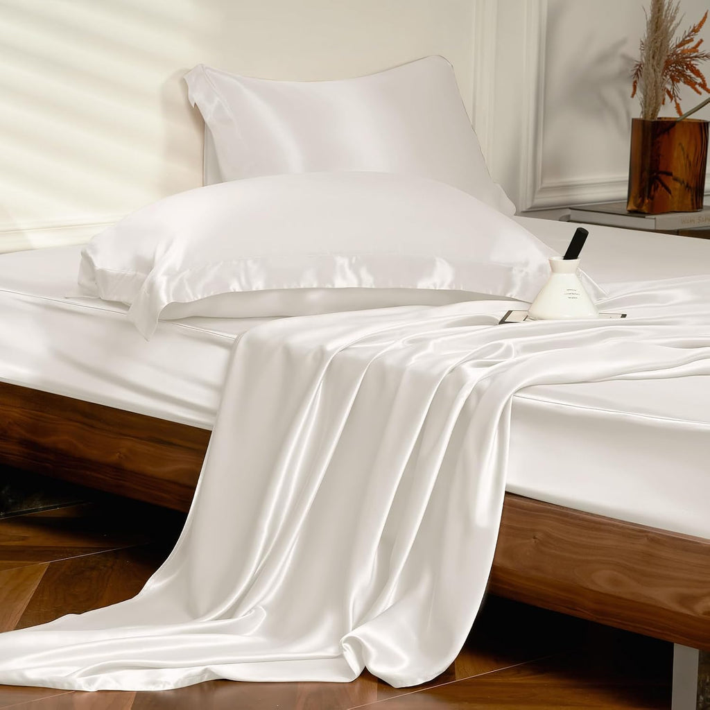 THXSILK 4pcs Silk Bed Sheets Set, 100% Long Stranded 25 Momme Mulberry Silk Bedding Set, Sheets and Pillowcase Set, Extremely Soft and Luxurious (White, Full)