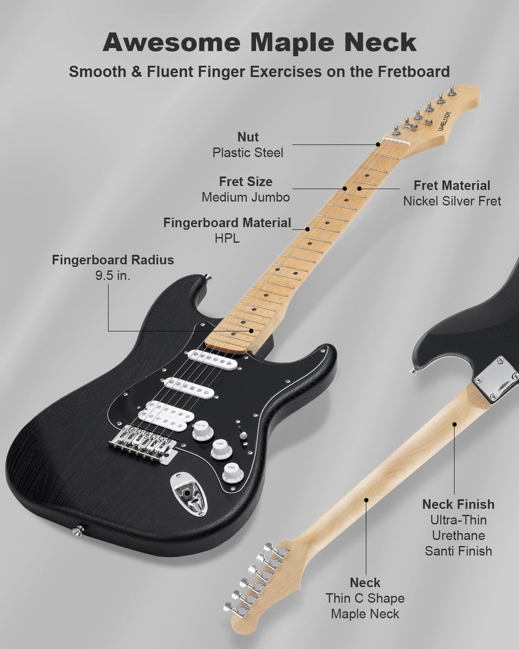 RVONE RST-150 39' Beginner Electric Guitar Kit with Amp & HSS Pickups | Complete Starter Set for Newcomers w/Essentials | Gig Bag, Extra Strings, Digital Tuner, Capo, Strap | Home Practice (Black)