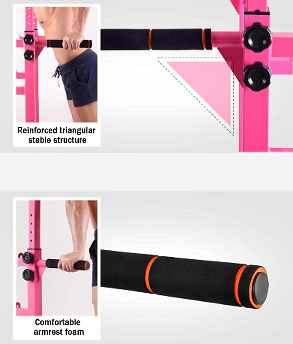 Multi Pull Up Bar Dip Station Power Tower Exercise Equipment Fitness Workout Station for Home Gym Can Be Used with Barbells and Dumbbell Benches Adjustable Height Pink