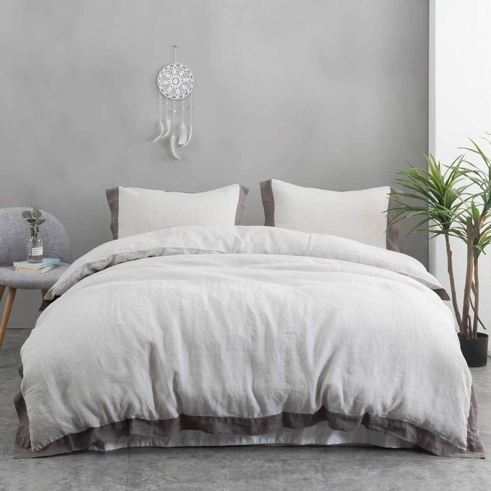 Simple&Opulence 100% Linen Duvet Cover Set with Washed French Flax-King Size(104'x 92')- 3 Pieces (1 Comforter Cover,2 Pillowshams) Basic Border Design Premium Bedding Set Breathable,Grey and Brown