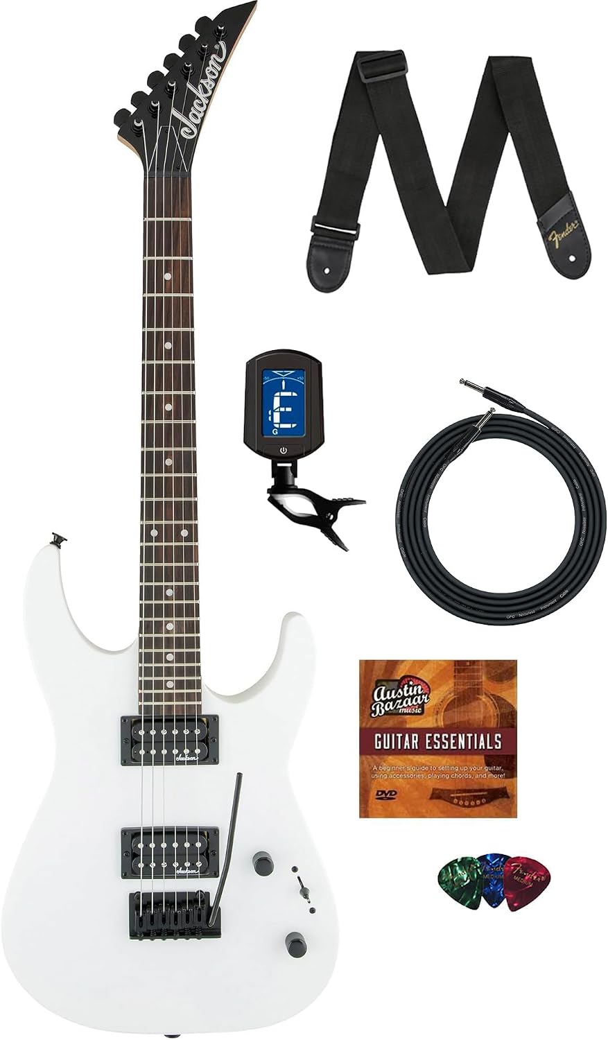 Jackson JS Series Dinky JS11 Electric Guitar - Snow White Bundle with Cable, Tuner, Strap, Picks, and Austin Bazaar Instructional DVD
