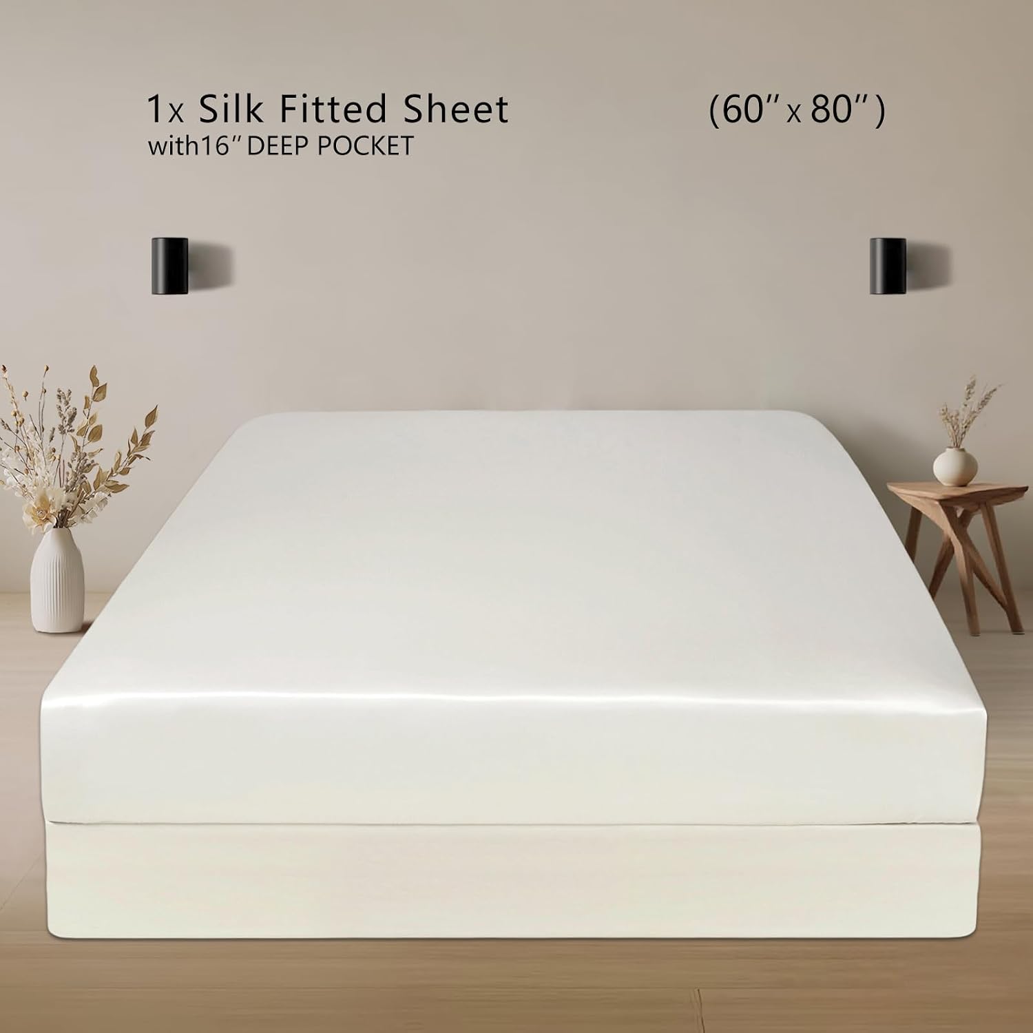 ZIMASILK 100% 19 Momme Mulberry Silk Fitted Sheet, Seamless with Deep Pocket, Soft, Silky & Hypoallergenic for Luxury Sleep (Queen 60''x80''+16', Ivory)