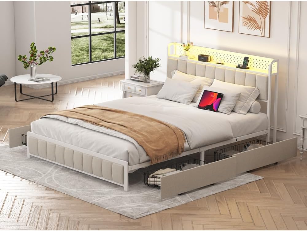 Queen Size Platform Bed with 4 Drawers, Metal Bed Frame with LED Lights and Charging Station, No Box Spring Needed, (Beige), Noise Free,Easy Assemble.