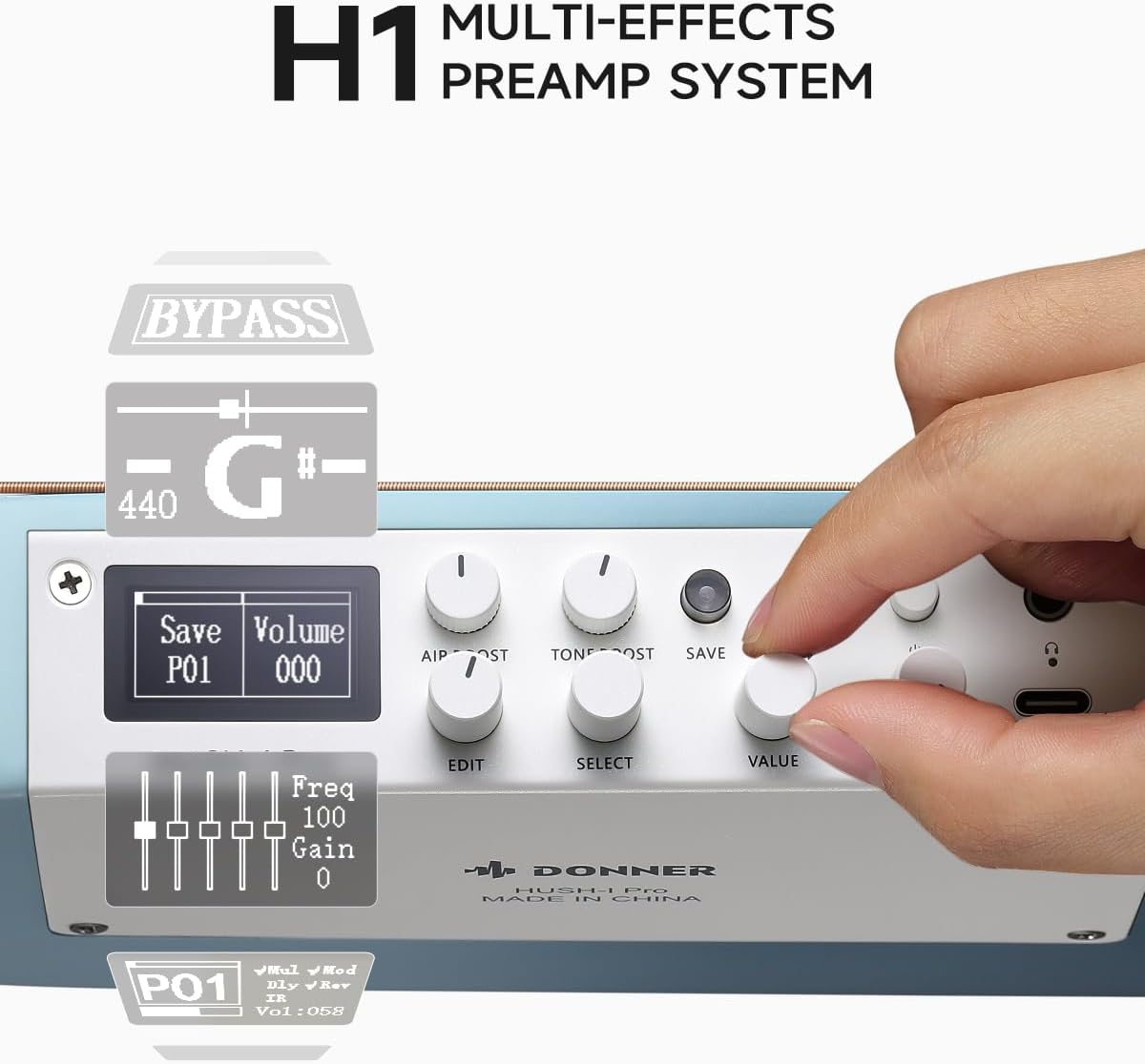 Donner Acoustic Electric Guitar HUSH I PRO Travel Guitar with Multiple Effect Modes Smart Guitarra Kit of Earphone, Gig Bag, Strap, Charging Cable, Hawaiian Blue
