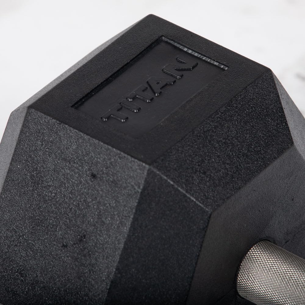 Titan Fitness Free Weights, Rubber Coated Hex Dumbbell, Straight Stainless Steel Handle, Strength Training, Full Body Workout
