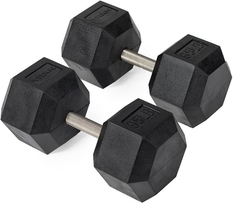 Titan Fitness Free Weights, Rubber Coated Hex Dumbbell, Straight Stainless Steel Handle, Strength Training, Full Body Workout