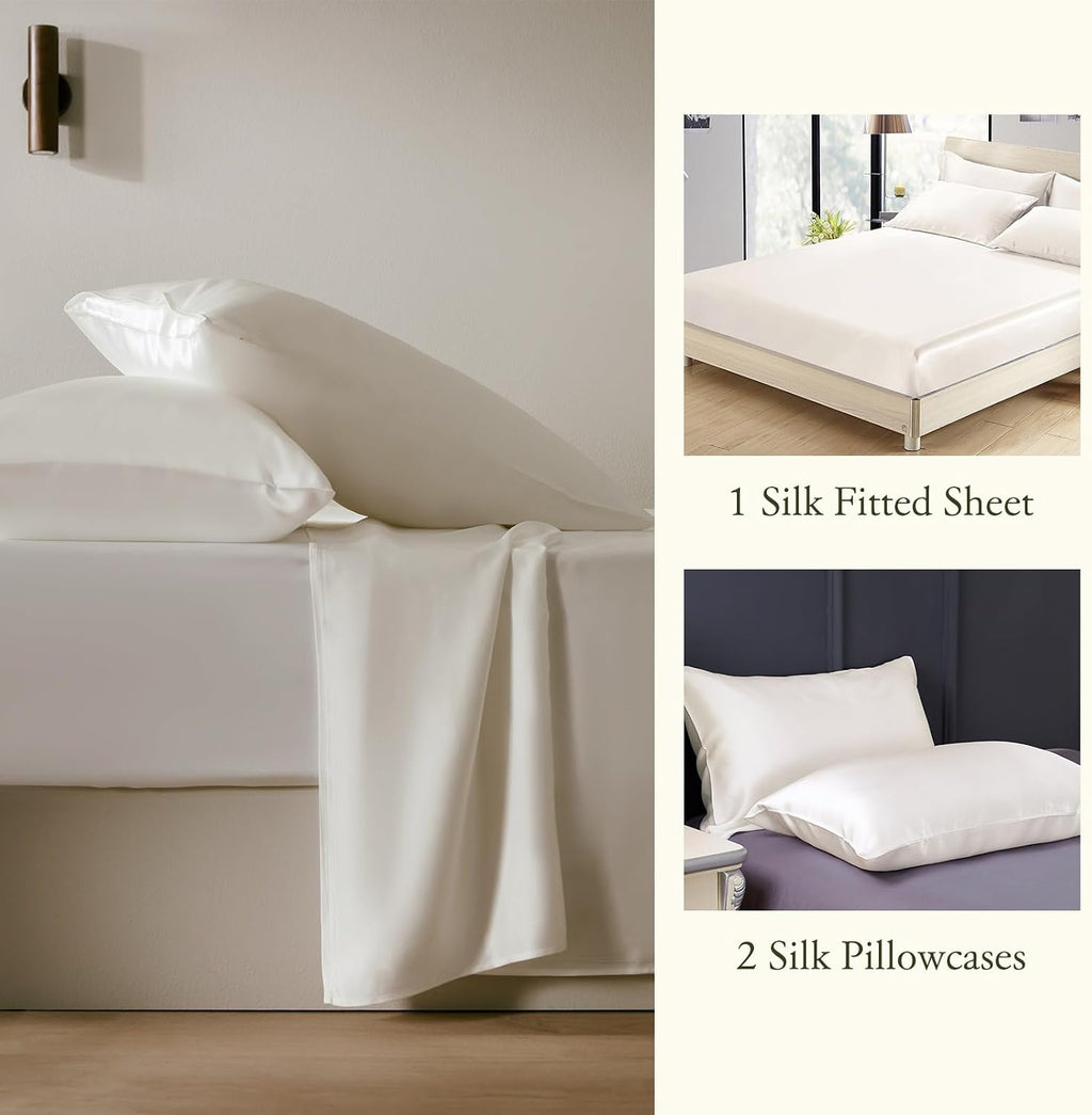 LilySilk 3PC Mulberry Silk Fitted Sheets Set, 6A Grade, 2 Pillowcases, 1 Fitted Sheet, 16 Inch Deep Pocket, 19 Momme, King Size, Ivory