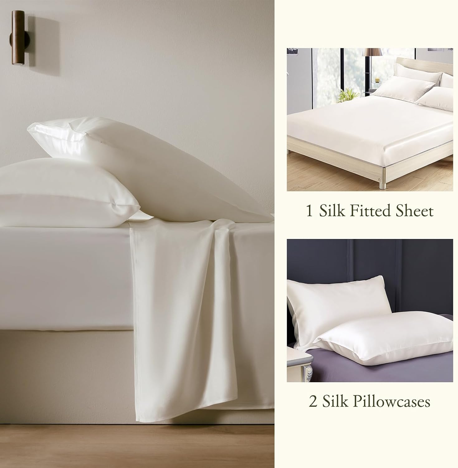 LilySilk 3PC Mulberry Silk Fitted Sheets Set, 6A Grade, 2 Pillowcases, 1 Fitted Sheet, 16 Inch Deep Pocket, 19 Momme, King Size, Ivory