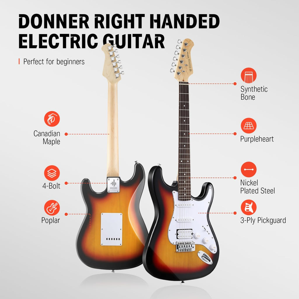 Donner DST-100S 39 Inch Full Size Electric Guitar Kit Solid Body Sunburst, Beginner Starter, with Amplifier, Bag, Capo, Strap, String, Tuner, Cable, Picks