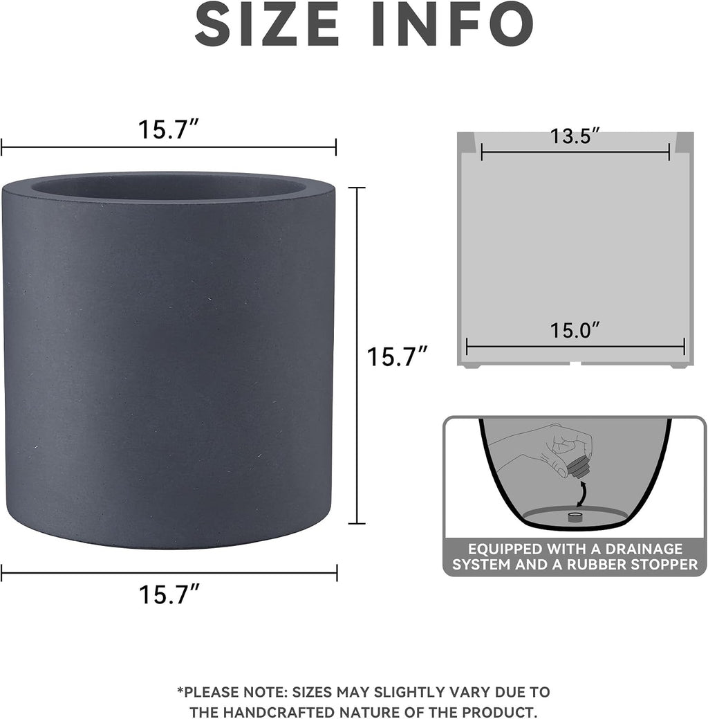 Kante 15.7' Dia Round Concrete Planter, Modern Style Large Cylindrical Plant Pot with Drainage Hole and Rubber Plug for Indoor Outdoor Patio, Charcoal