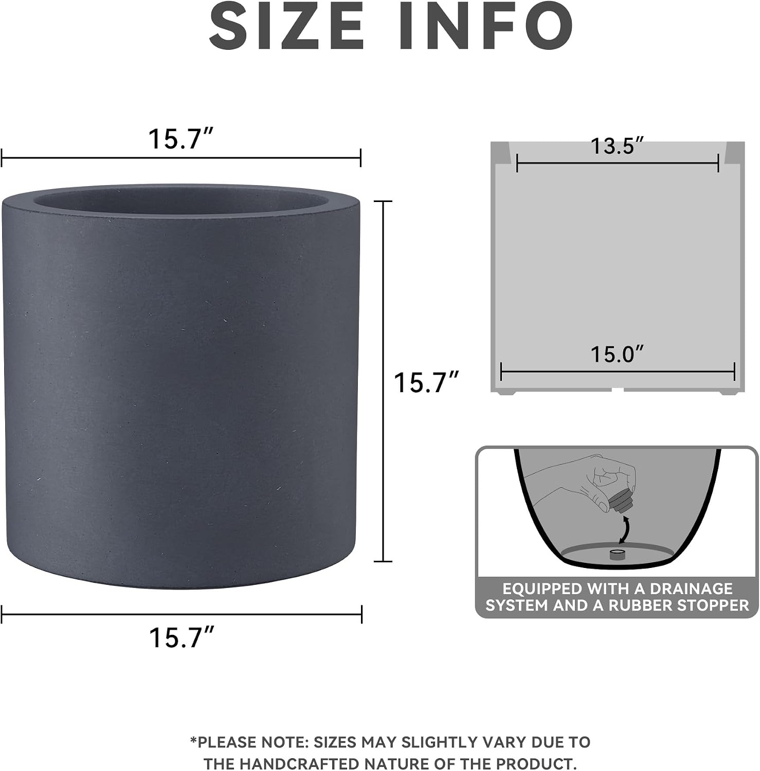 Kante 15.7' Dia Round Concrete Planter, Modern Style Large Cylindrical Plant Pot with Drainage Hole and Rubber Plug for Indoor Outdoor Patio, Charcoal