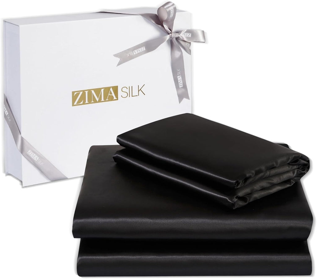 ZIMASILK 100% 19 Momme Pure Mulberry Silk Bedding 4-Pieces Set for Sleeping, Soft, Breathable & Hypoallergenic,for Hair & Skin Care (King Black)