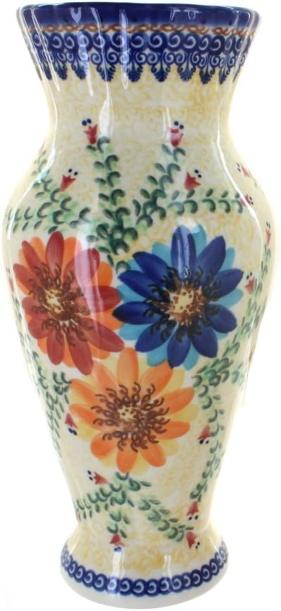 Blue Rose Polish Pottery - Orange Autumn Burst Tall Vase - 11' Tall - Ceramic Flower Vase, Decorative Floral Design for Table, Shelf or Mantel Décor