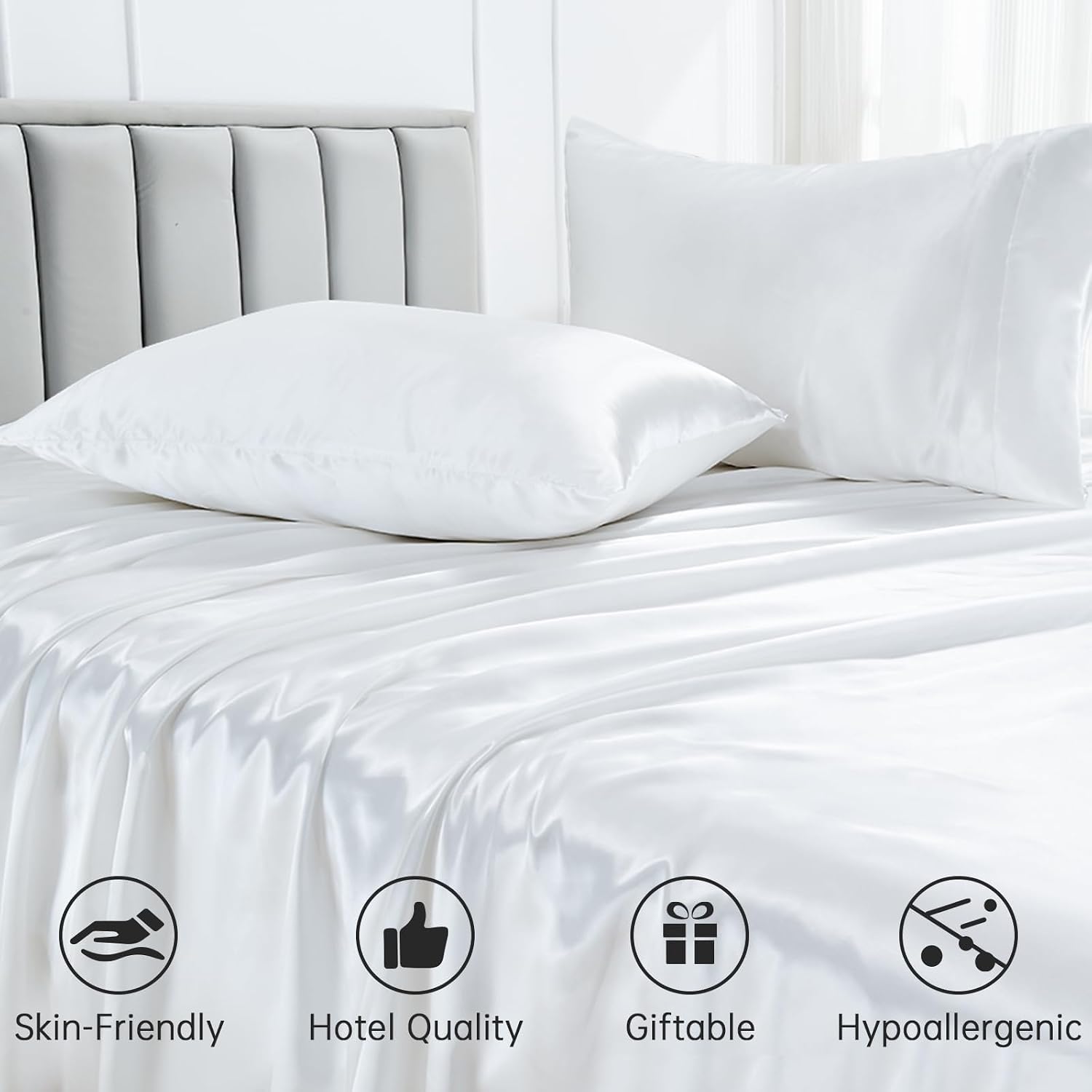 22 Momme 100% Mulberry Silk Bedding Set - 4-Piece Luxury Queen Size (2 Pillowcases, 1 Fitted Sheet, 1 Flat Sheet) - Fits 14-16' Deep Pocket (Solid, Burgundy)