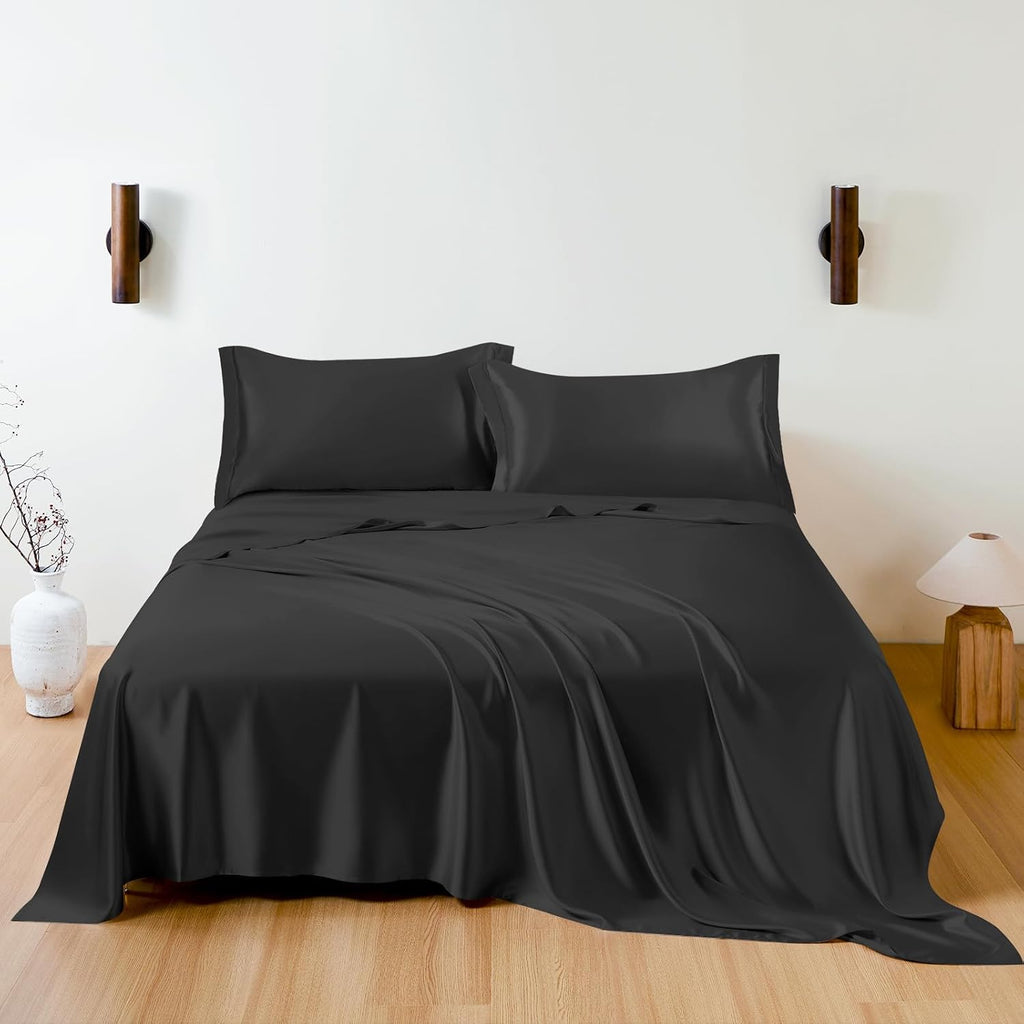 Queen Size 4 Piece Sheet Set 21 Momme Mulberry Silk Soft Breathable Cooling Bed Sheets (1 Flat Sheet,1 Fitted Sheet,2 Pillow Cases) Fits 7-9' Deep Pocket (Solid, Black)