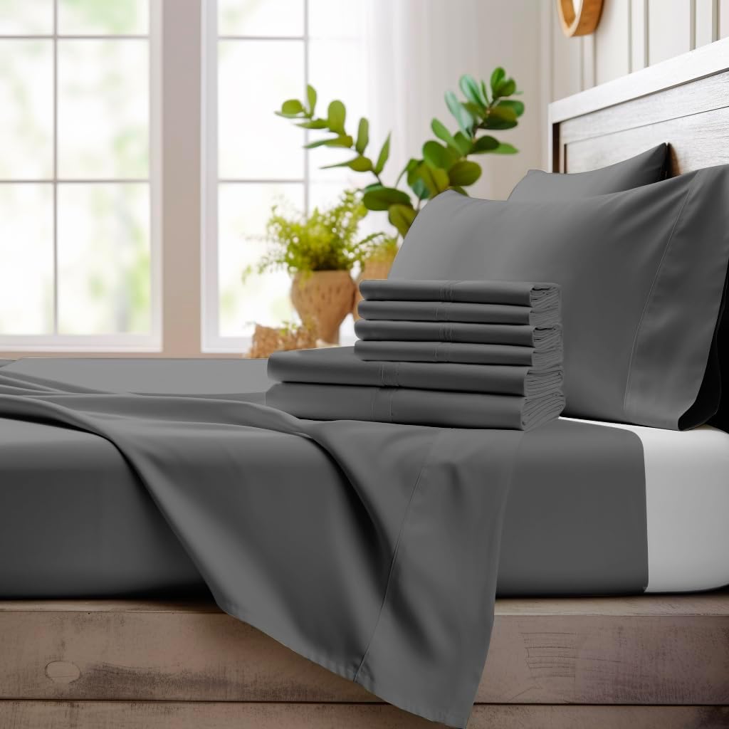 Bamboo Bay 6 Piece Full Size Sheet Set, 100% Viscose Made from Bamboo, Breathable, Ultra Soft Cooling Bed Sheets for Hot Sleepers, Beddings with Deep Pockets Fit 16' Mattress, Dark Grey