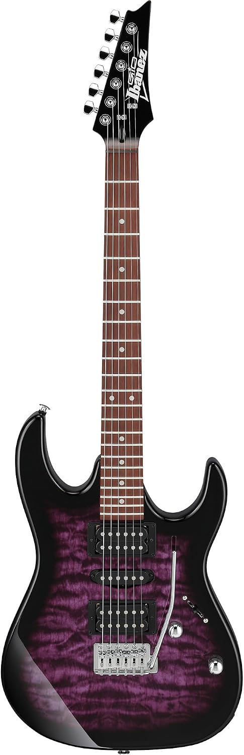 Ibanez GRX70QA RG Gio Electric Guitar - Transparent Violet Sunburst Bundle with Amp, Gig Bag, Tuner, Instrument Cable, Picks, Austin Bazaar Instructional DVD, and Polishing Cloth