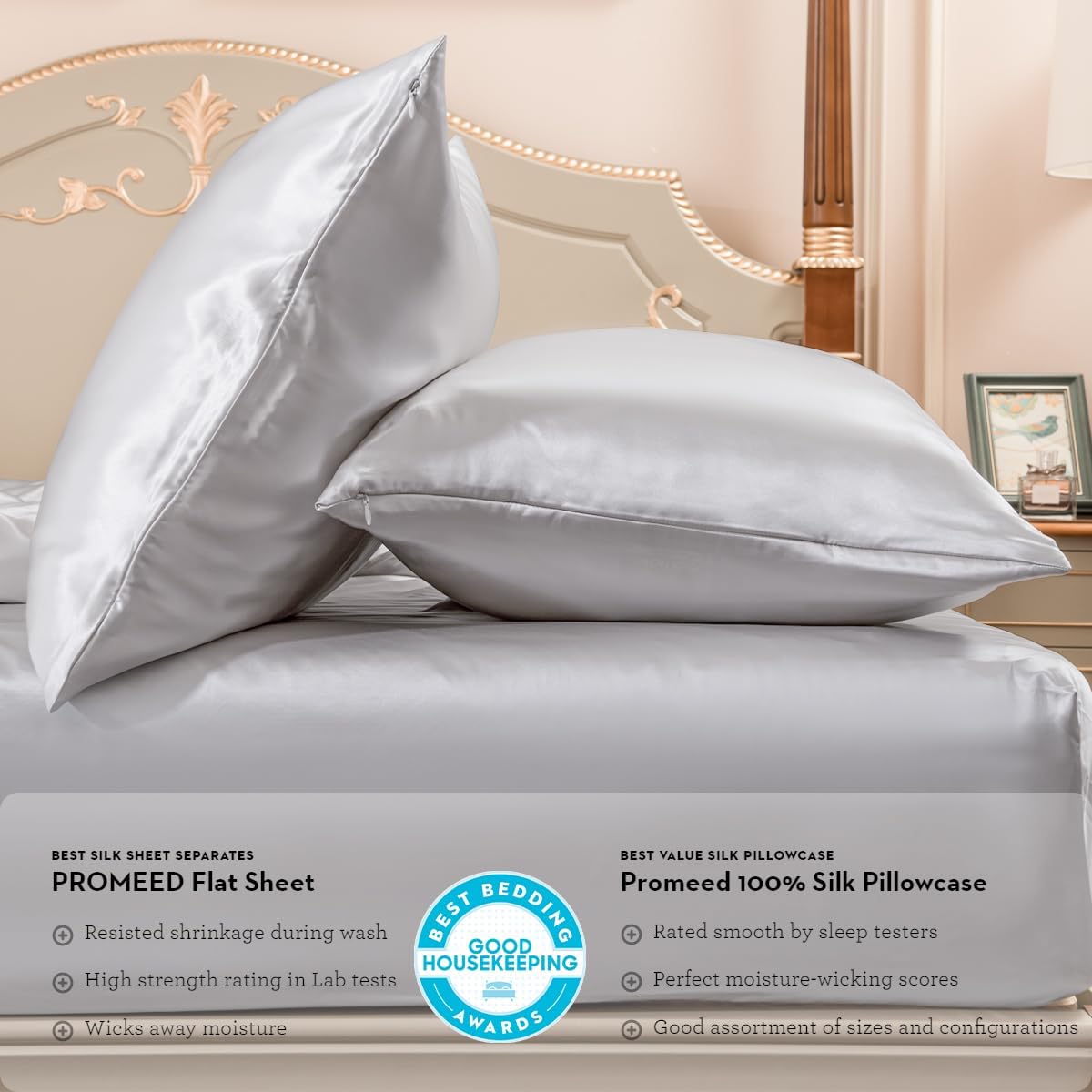 PROMEED Grade 6A Silk Queen Bed Sheets Set with Deep Pocket Fitted Sheet and Pillowcase, Both 23 Momme Mulberry Silk, 3 Piece Bedding Set (Light Grey, Queen)