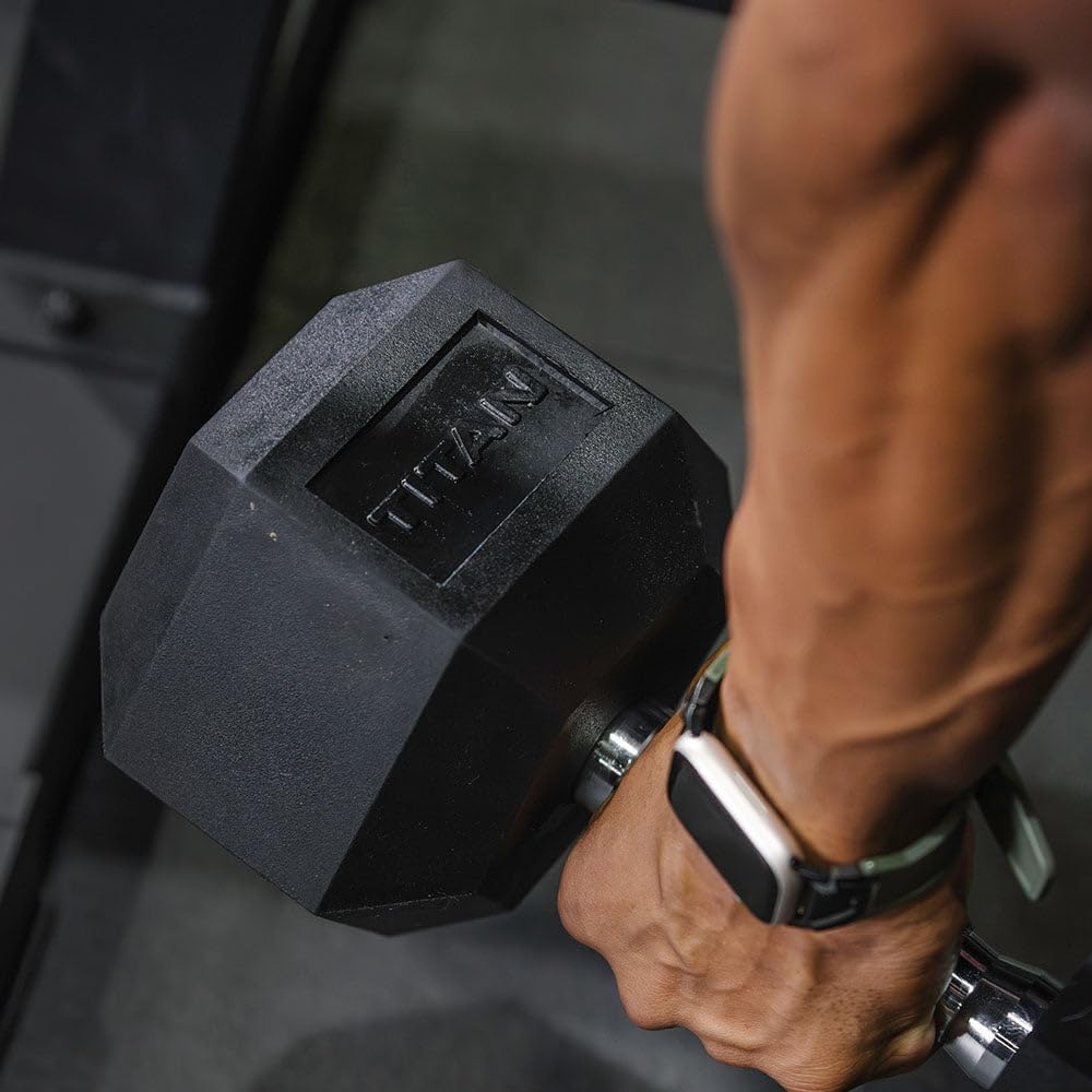 Titan Fitness Rubber Hex Dumbbells, 5 LB-50 LB Set of Pairs, Roll-Resistant Hexagonal Free Weights, Hex Dumbbell set with Chrome-Coated Handles, Free Weight Set, Strength Training Equipment