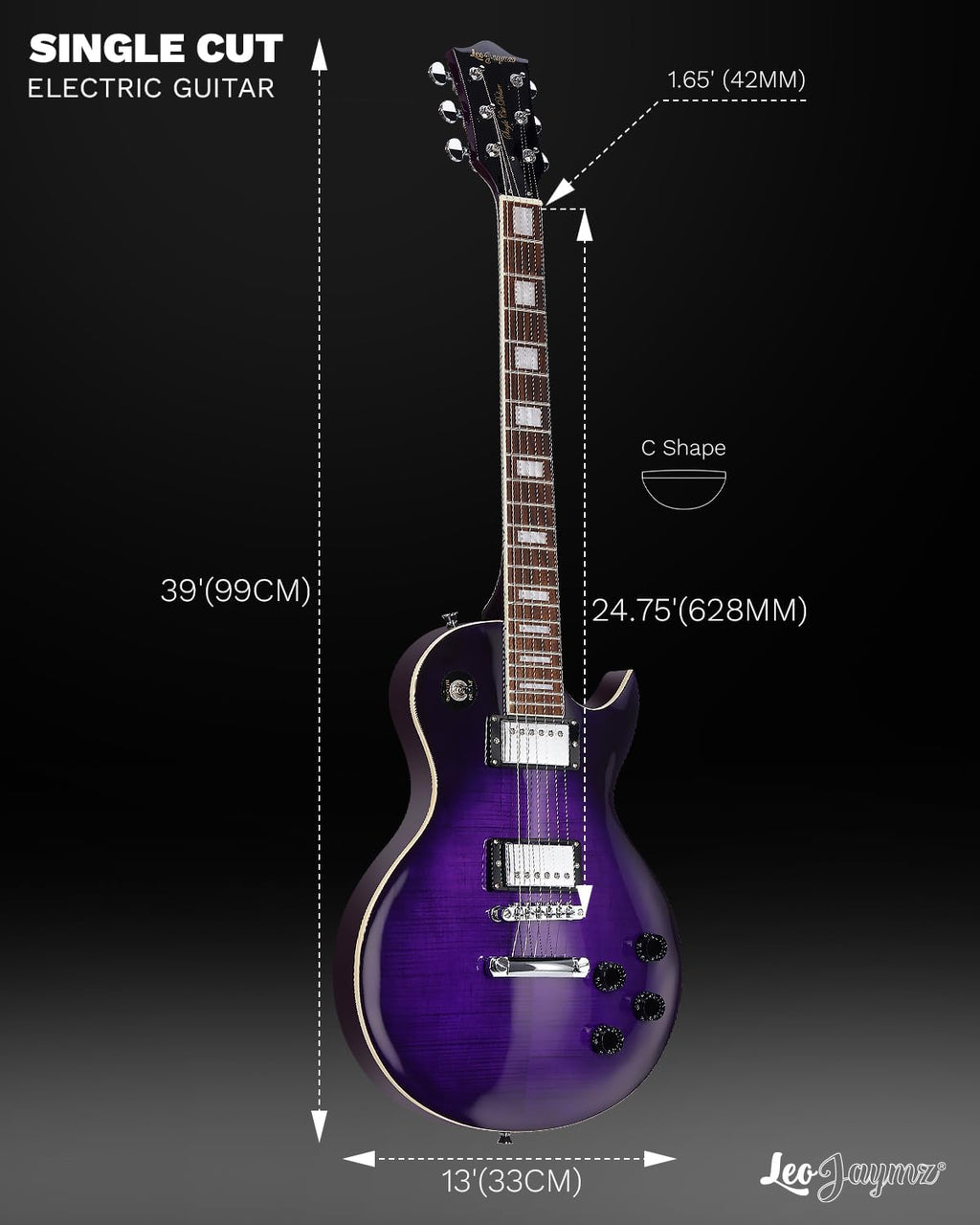 Leo Jaymz SC Series Electric Guitar – Mahogany Body, Laurel Fingerboard, Dual Humbuckers, Stainless Steel Frets, Tune-O-Matic Bridge, C Neck, 18:1 Tuners (Violet Flame)