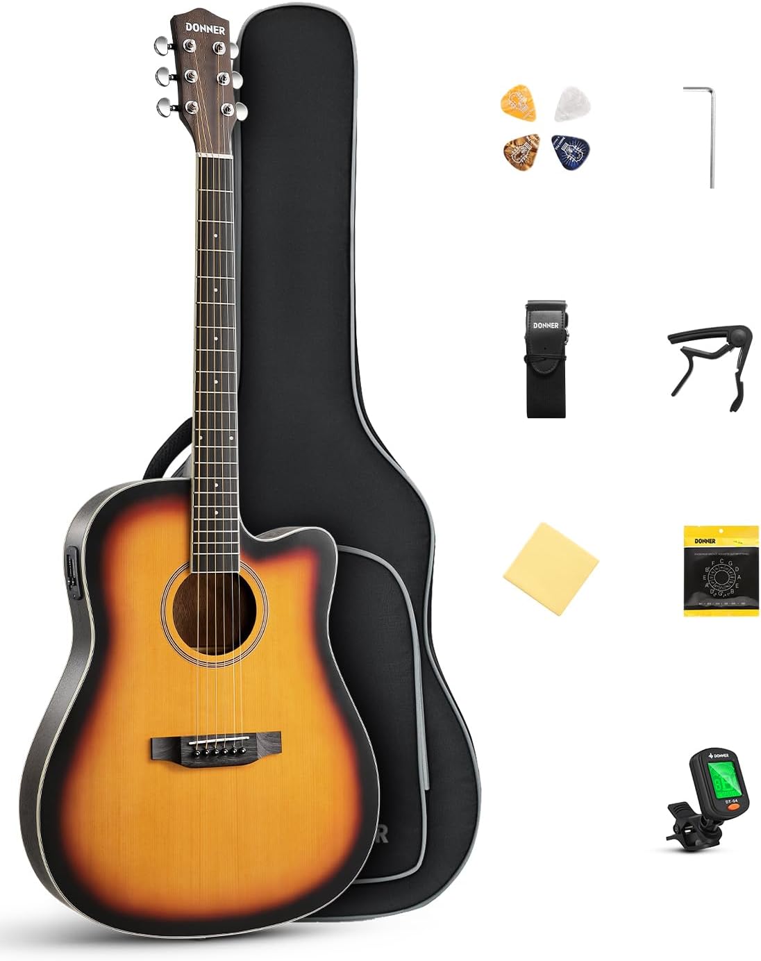 Donner 41-Inch Acoustic Electric Guitar Kit for Beginners, Full Size with Capo, Picks, Tuner, Strings, Strap - Sunbrust