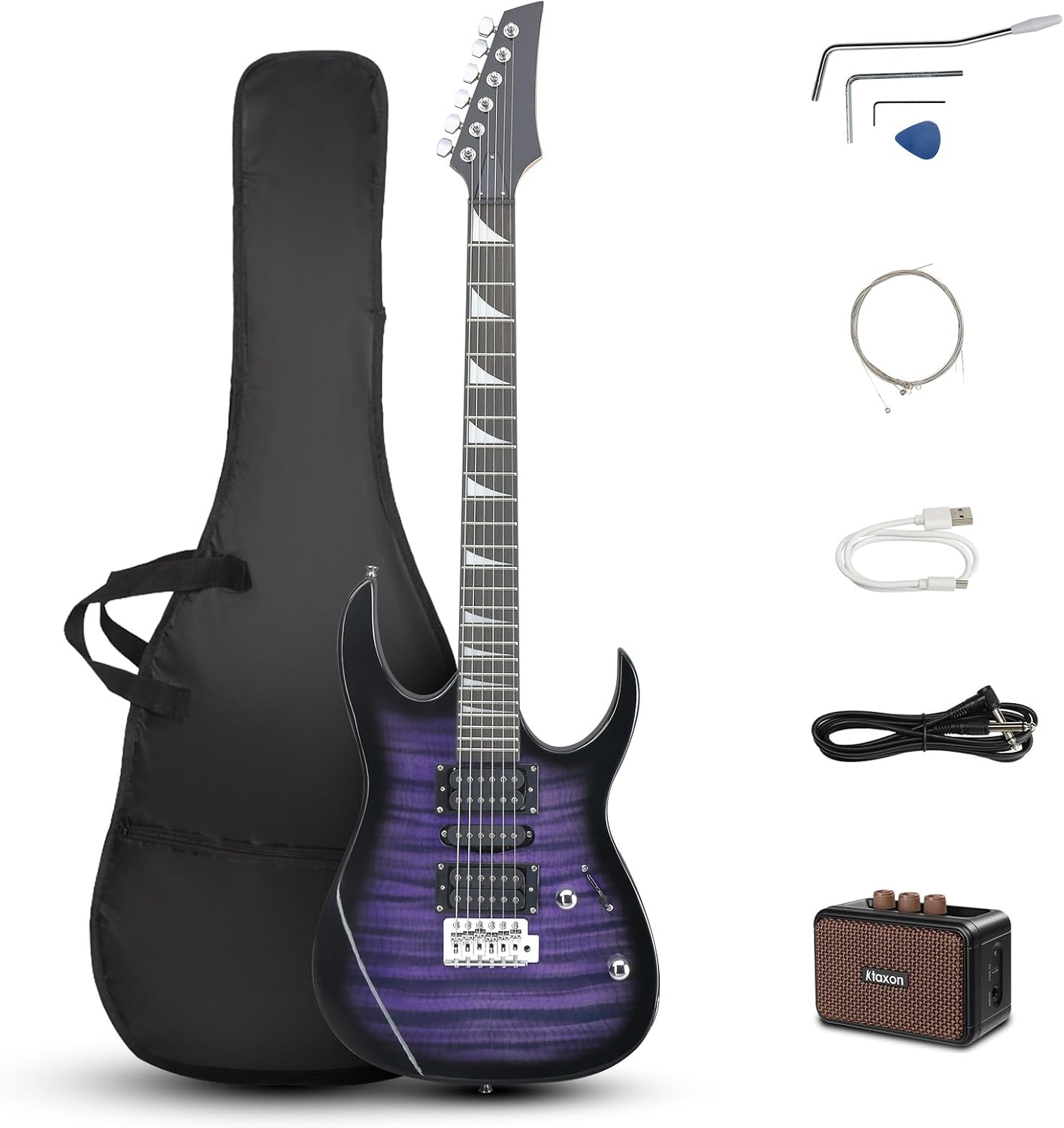 Ktaxon 39' Electric Guitar with 5Watt Amp, Full Size 170 Model Starter Guitar Kit for Beginners & Professionals W/Bag, Shoulder Strap, Wrench Tool, Plectrum - Tiger Purple