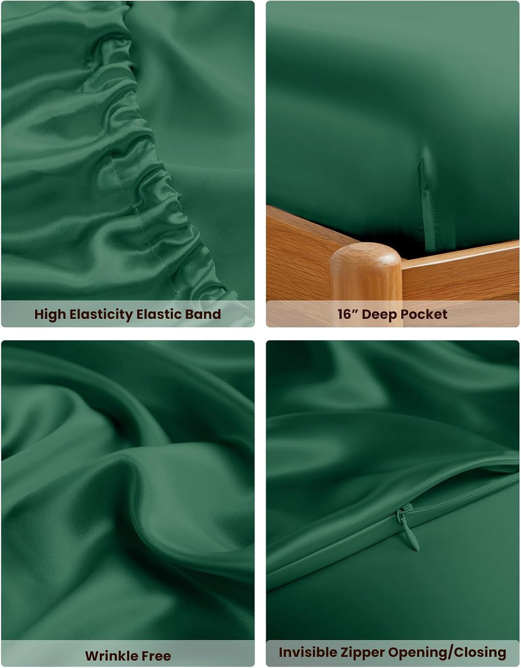 THXSILK 100% Mulberry Silk Bed Sheet Set - 3pcs Pure Silk Sheet Set - 16' Deep Pocket Fitted Sheet, 2 Pack Silk Pillowcase with Zipper Closure - Full Size, Emerald Green