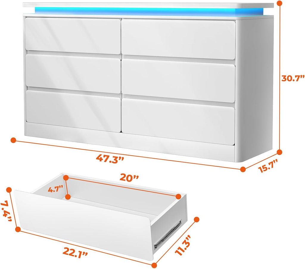 Loomie Upgraded 6 Drawer White Dresser for Bedroom, 47.2' Long Chest of Drawers with Charging Station & LED Lights, Wooden Storage Cabinet Dresser for Closet,Modern TV Stand with Deep Drawers