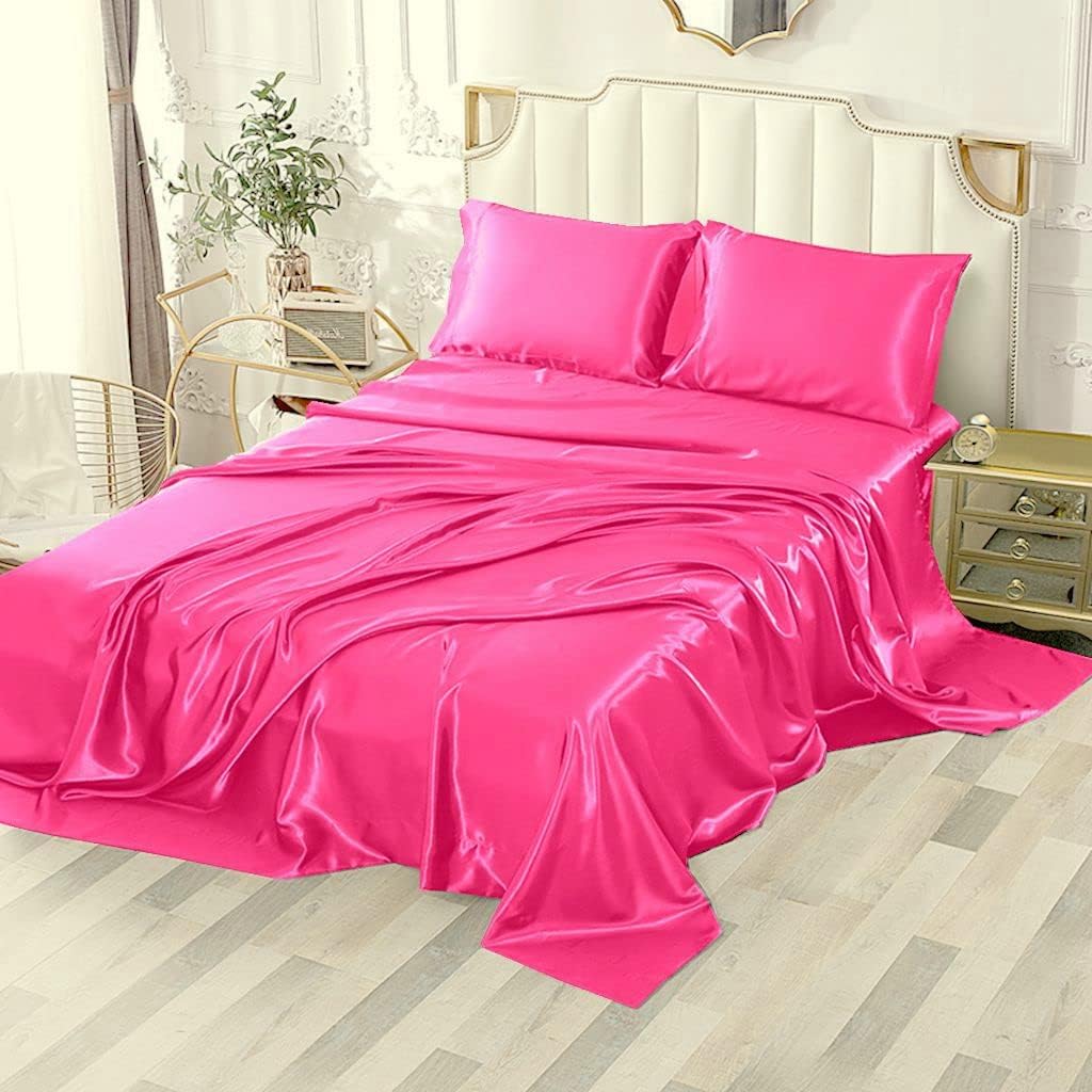 16 Momme 100% Mulberry Silk Bedding Set Full XL Size 4-Piece Luxury (2 Pillowcases, 1 Fitted Sheet, 1 Flat Sheet) - 6A Grade Natural Silk Fits 22-25' Deep Pocket (Solid, Hot Pink)
