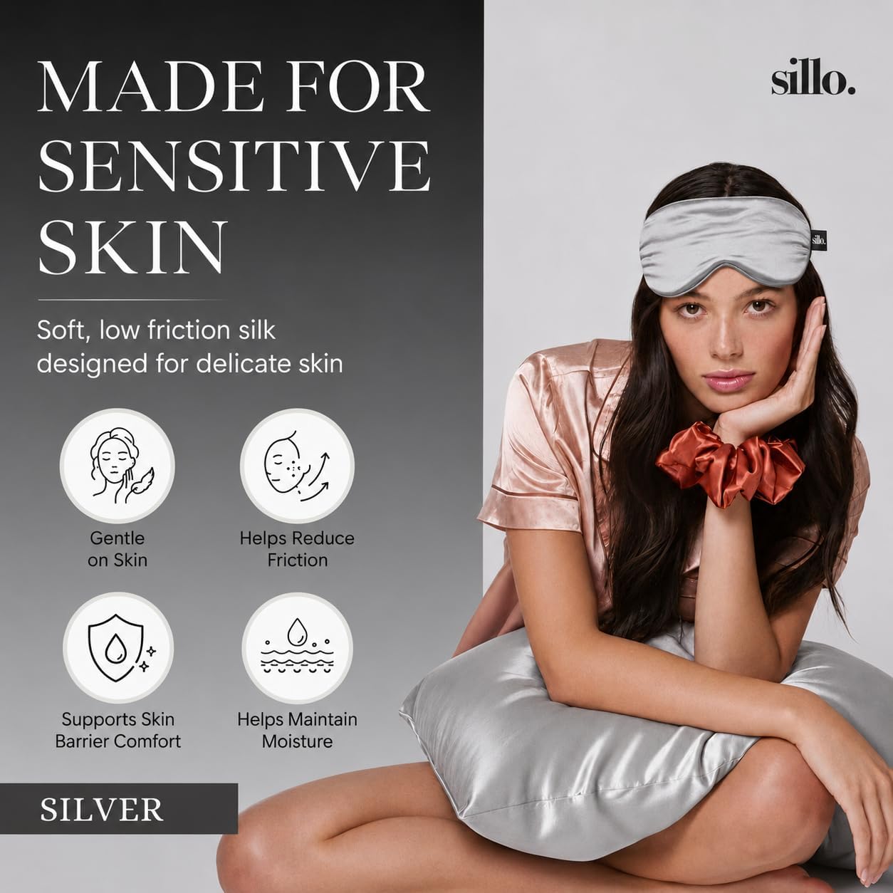 Sillo Silk Pillow Cases 2 Pack - 22 Momme Mulberry Silk Pillowcases for Hair and Skin, Anti Acne Pillow Case, Hypoallergenic Silver-Infused, Envelope Closure, King (Silver)