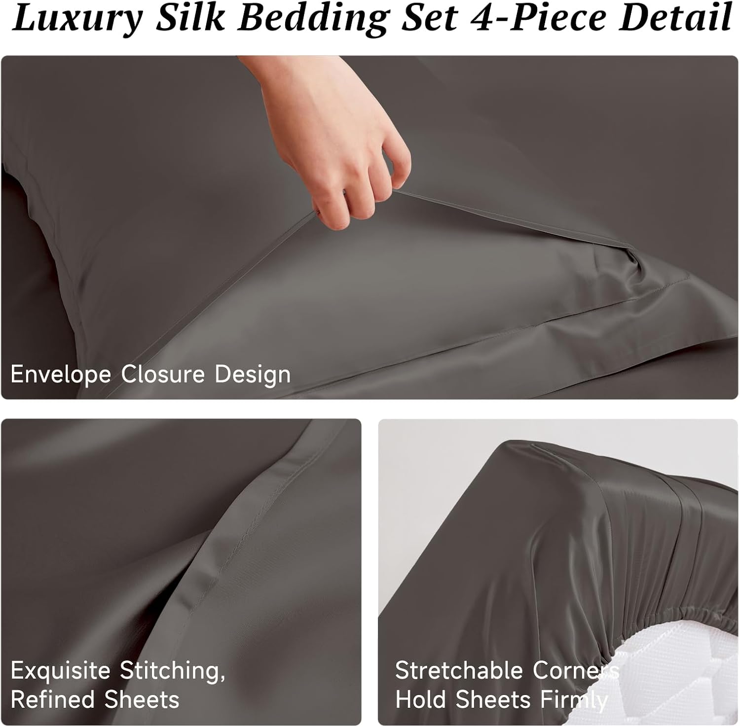 THXSILK Silk Sheet Set 4 Pcs, 25 Momme 100% Top Grade Pure Mulberry Silk Bed Sheets Luxury Bedding Sets Ultra Soft Durable, 1 Fitted Sheet, 1 Flat Sheet and 2 Pillow Shams (Full, Charcoal)