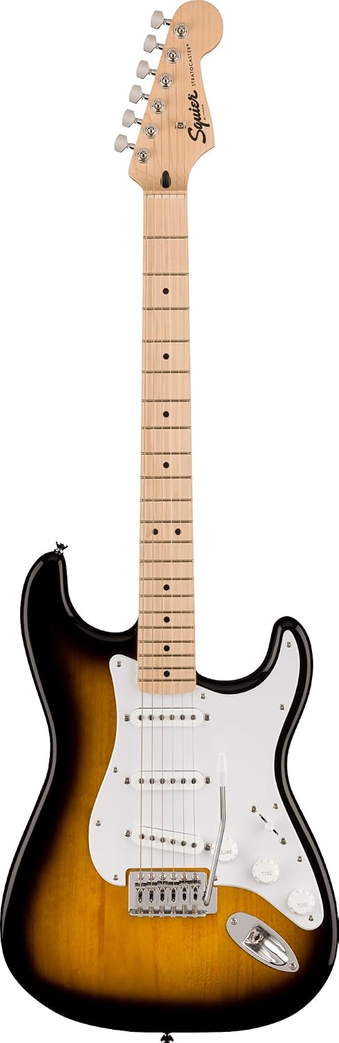 Fender Squier Sonic Stratocaster - 2-Color Sunburst Bundle with Fender Mustang Micro Headphone Amp, Cable, Strap, Picks, and Austin Bazaar Guitar DVD
