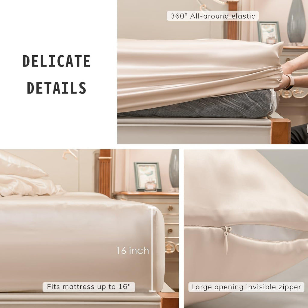 PROMEED Natural Silk 3pcs Queen Sheet Set 23 Momme, 100% Real Mulberry Silk Deep Pocket Fitted Sheet and Pillowcase Set for Hair and Skin (Champagne, Queen)