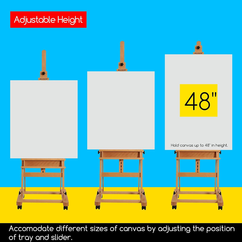 MEEDEN Large Studio H-Frame Beech Wood Artist Easel - Adjustable Movable Tilting Easel, Floor Painting Easel Stand, Holds Canvas Art up to 48'