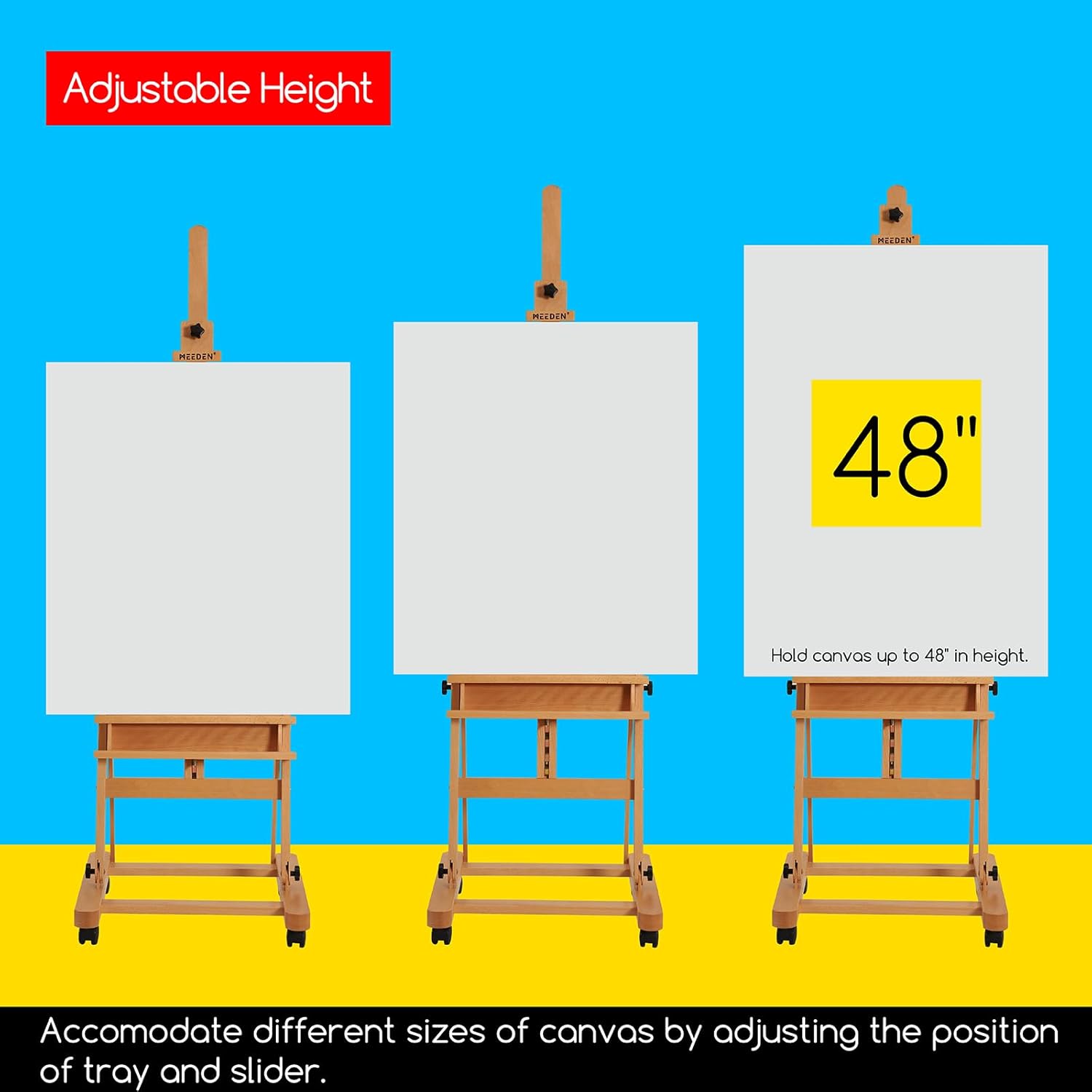 MEEDEN Large Studio H-Frame Beech Wood Artist Easel - Adjustable Movable Tilting Easel, Floor Painting Easel Stand, Holds Canvas Art up to 48'