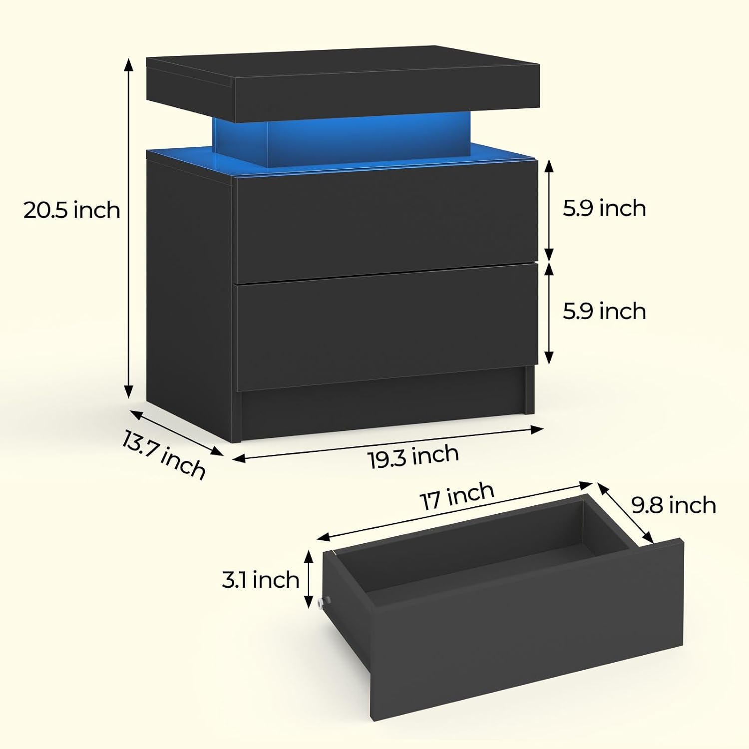 Bingoday Black Nightstand Set of 2 Black Bedside Tables Set of 2 LED Night Stand Set 2 Wood Nightstand Set of 2 with 2 Drawers for Bedroom Living Room