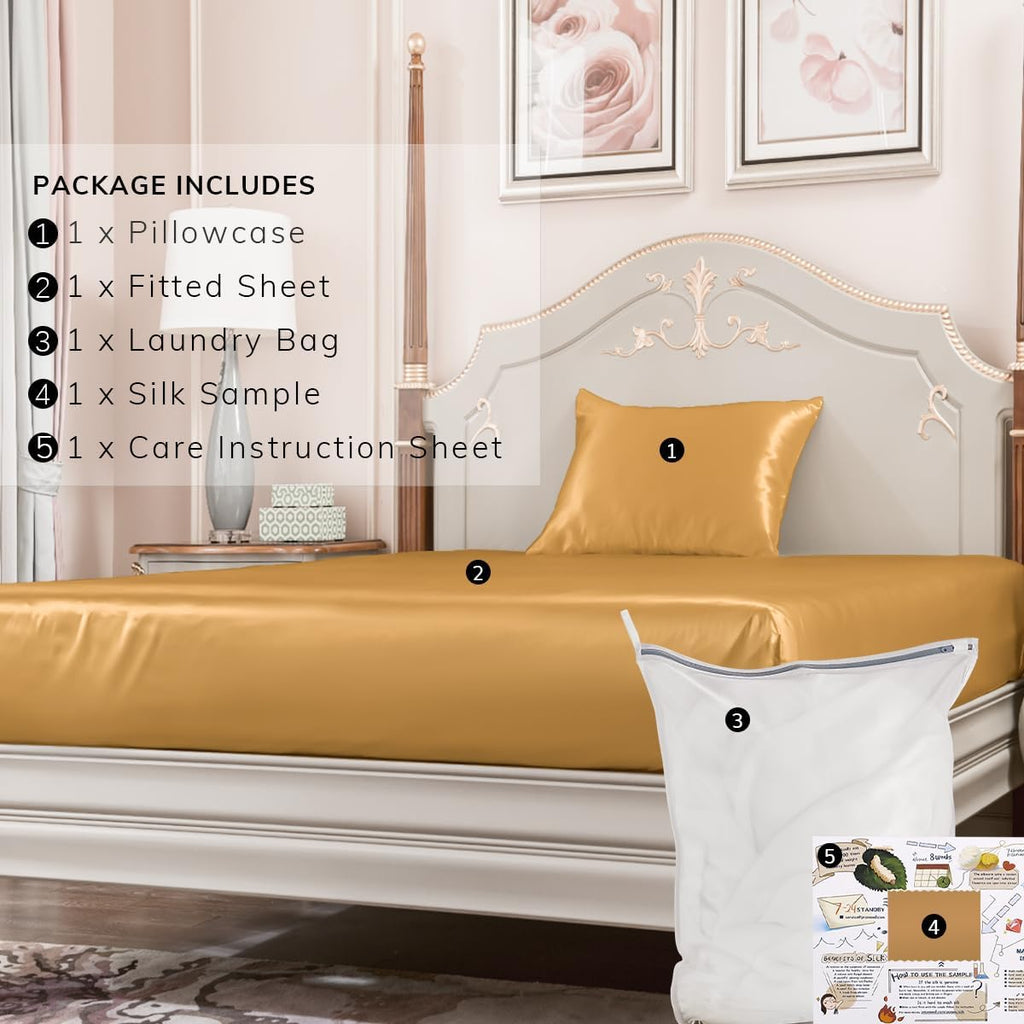 PROMEED 100% Mulberry Silk Fitted Sheet Set, 23 Momme Deep Pocket Natural Silk Fitted Sheet and Pillowcase Set for Twin XL Size Bed, 2pcs (Gold, Twin XL)