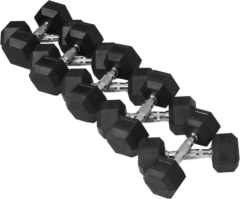 Signature Fitness Rubber Encased Hex Dumbbell, Set Including 10, 15, 20, 30LB Pairs